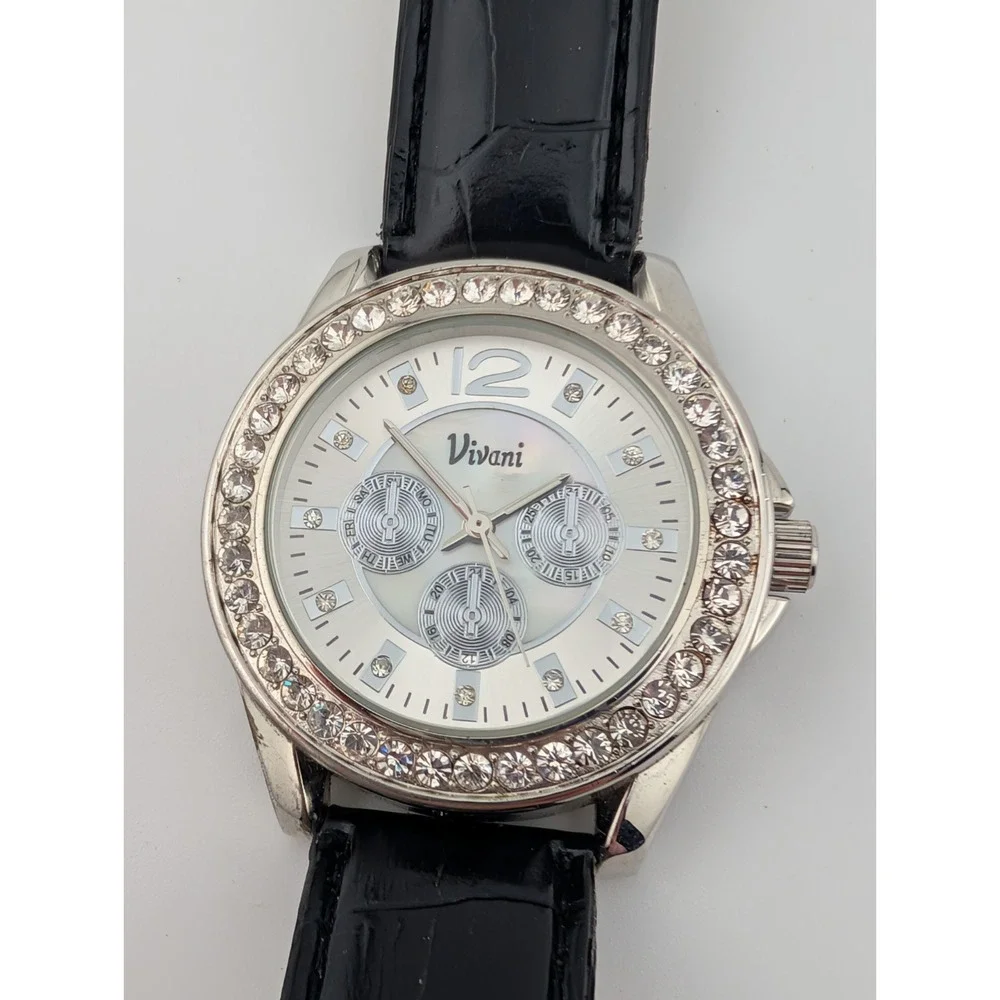 Vivani Watch Women 23mm Silver Tone‎ Case Black Band- New Battery